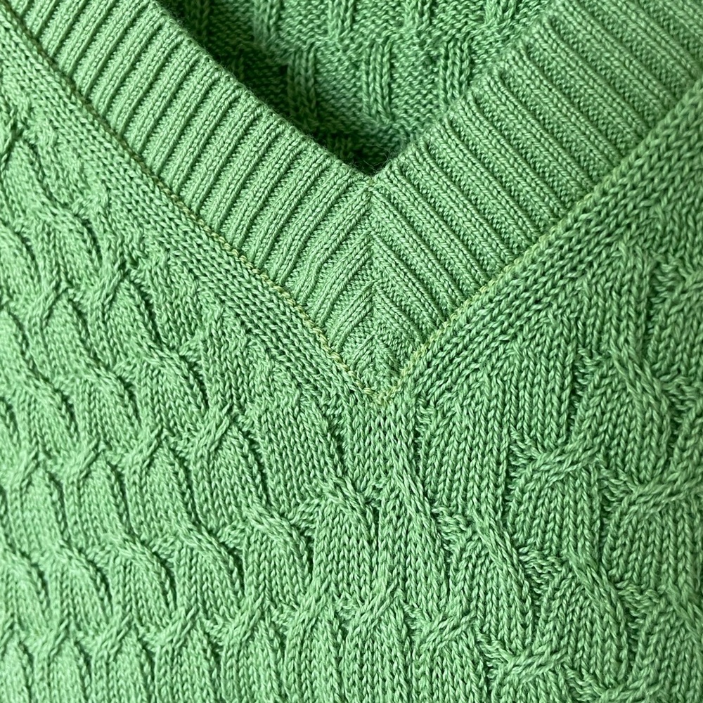 Talbots Classic Green Long Sleeved Cable Knit V-Neck Pima Cotton Sweater XL - Picture 4 of 7
